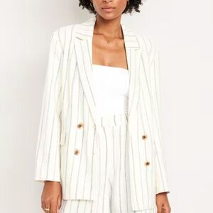 NWT Off-White & Navy Blue Double-breasted Linen Blazer Sz L Preppy Business